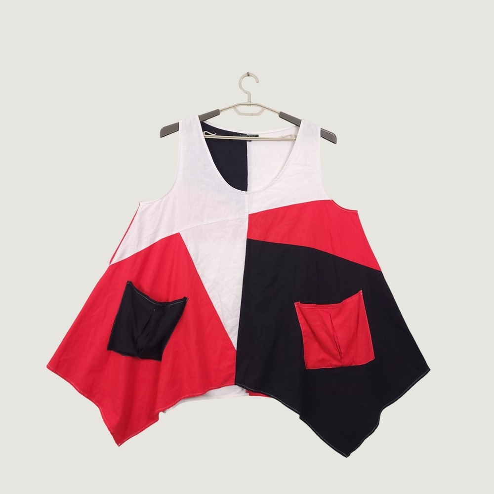 For Cynthia Tunic 2X Colorblock Linen Blend Asymmetric Patchwork Boho Lagenlook